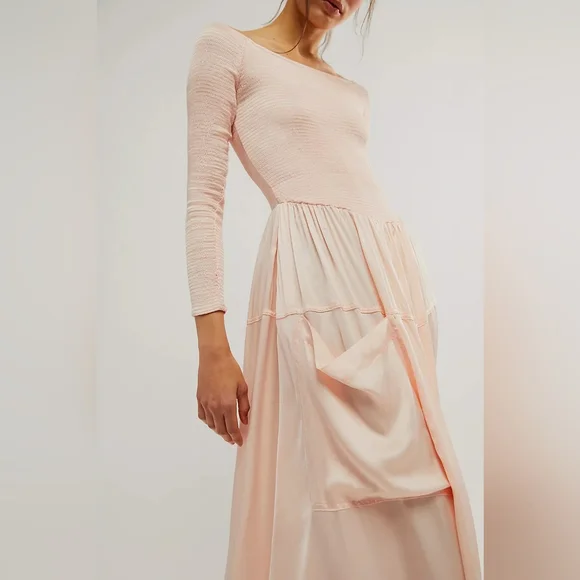 FREE PEOPLE Lucky Love Midi Dress Baby Pink No Size Tag (S Approx) Satin Finish - Picture 3 of 16